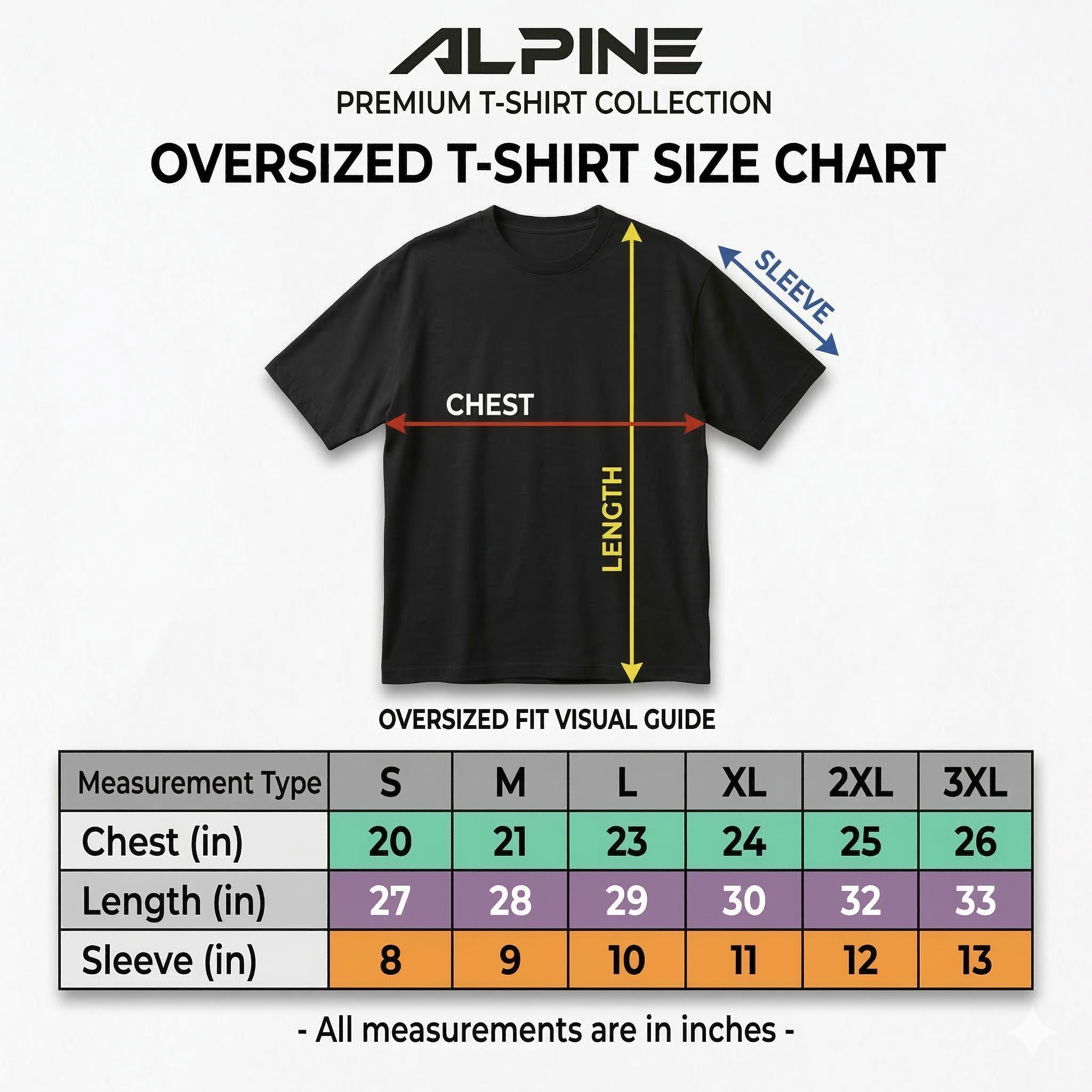 Oversized t-shirt size chart